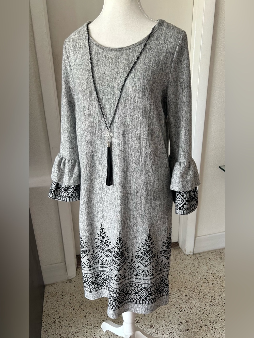 Bell-Sleeve Knit Dress with Necklace